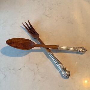Vintage Sterling Silver & Wood Salad Serving Set – Fork & Spoon